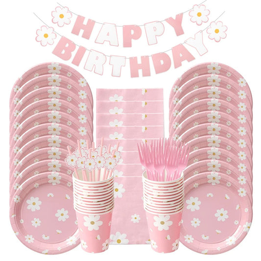 Flower Party Pink Daisy Tableware Set & Happy Birthday Banner