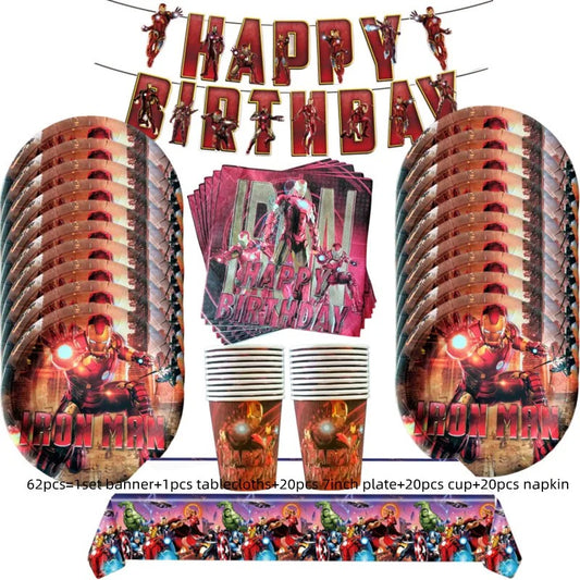 Superhero Party Iron Man Tableware & Happy Birthday Banner Set