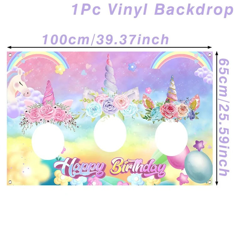 Unicorn Party Vinyl Photo Background with face cut outs