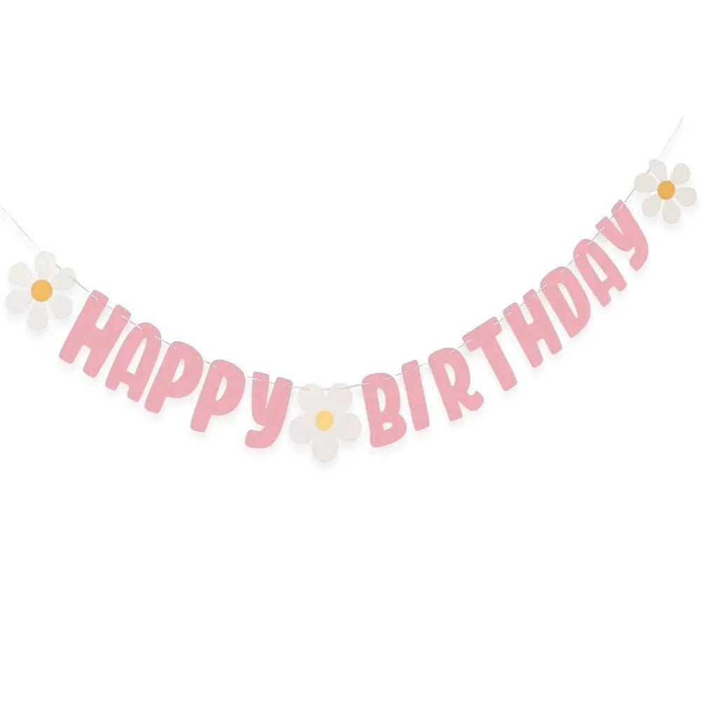 Flower Party Pink Daisy Happy Birthday Banner